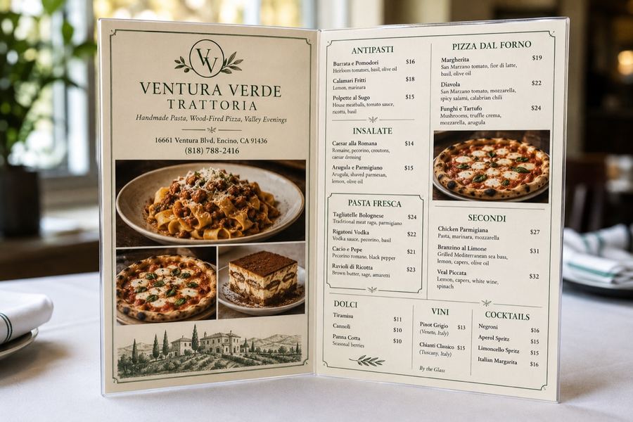 A printed menu on a marble restaurant table