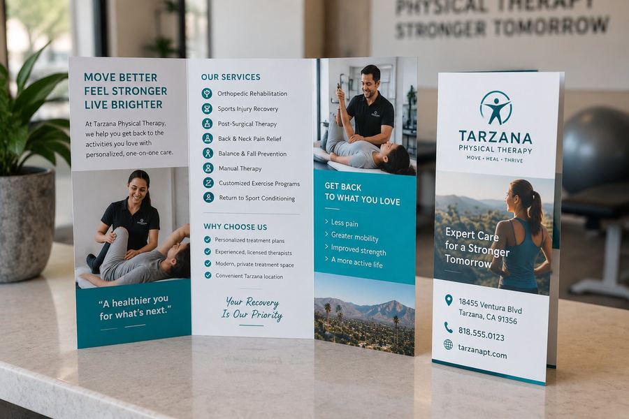 Folded brochures on a white surface