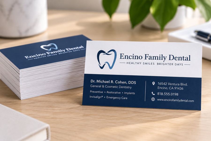 Printed business cards fanned on a white surface