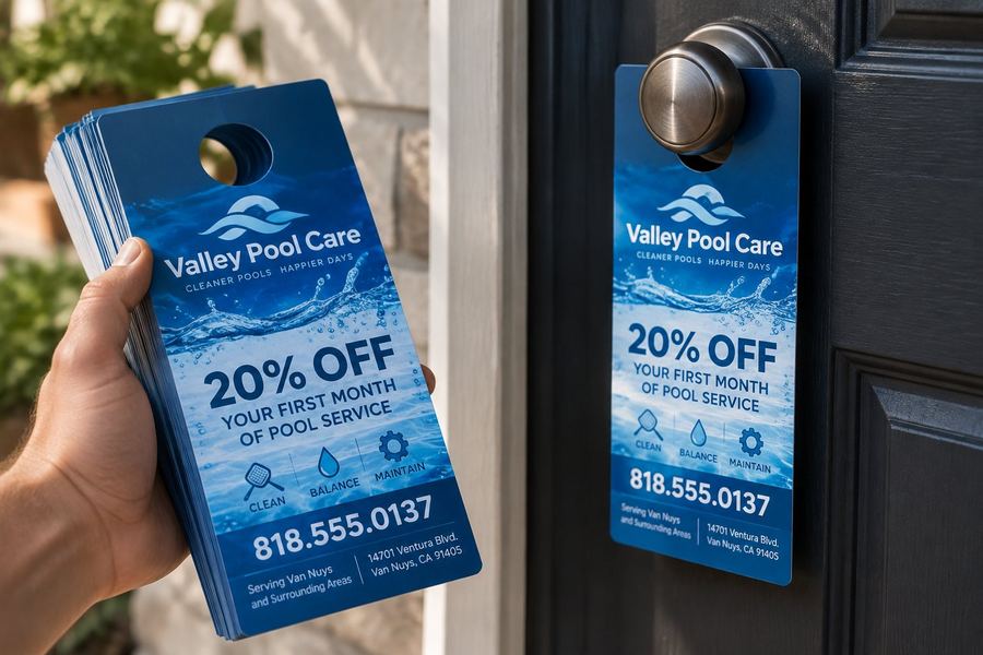 Printed door hangers on a white surface