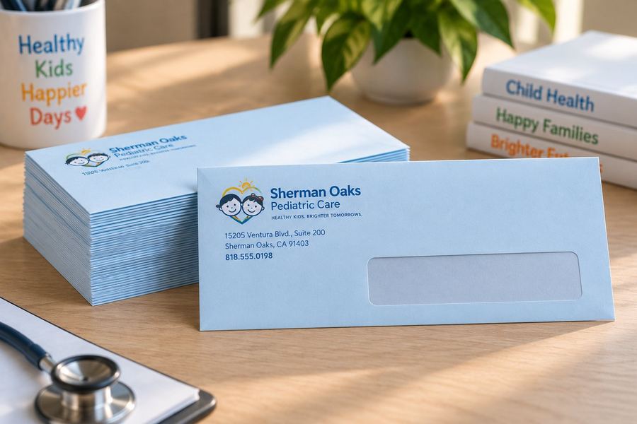 Envelopes to match the letterhead, printed at The Printing House in Encino