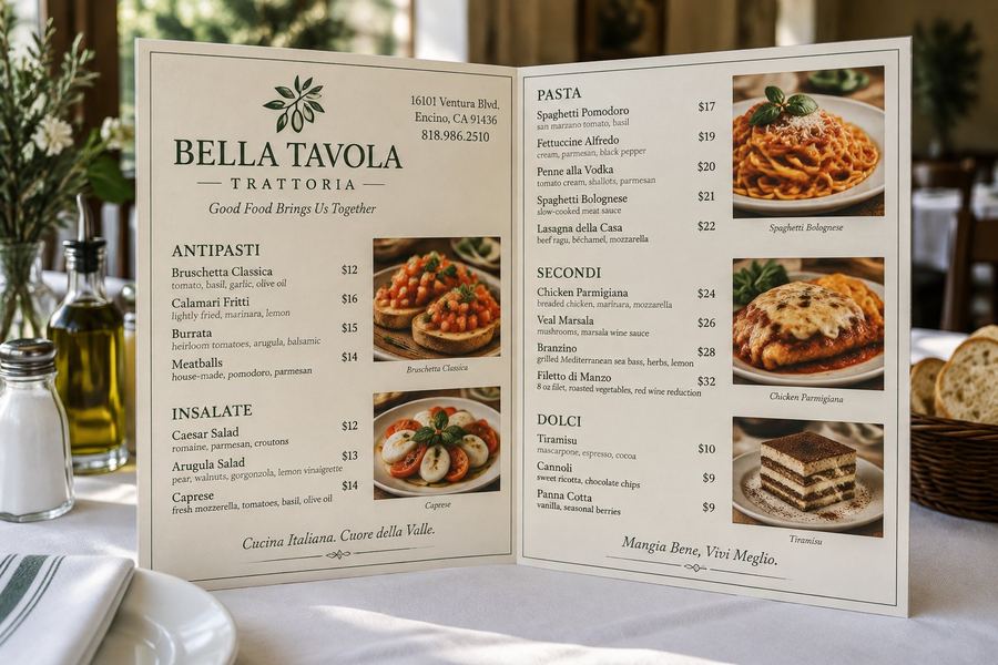 Menus, off the press, printed at The Printing House in Encino