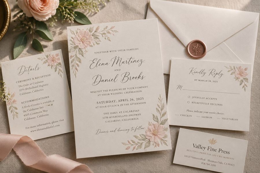 Printed wedding invitations with envelopes