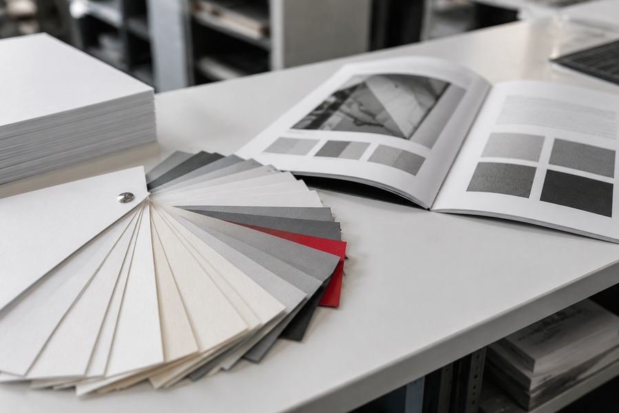 A fan of paper stocks on the counter