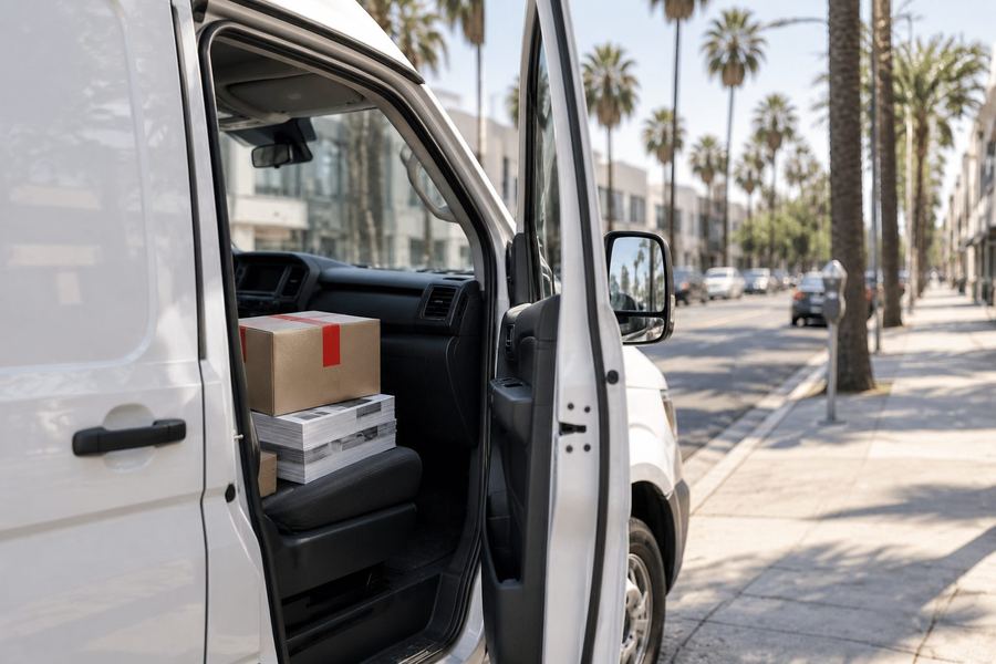 A van on Ventura Boulevard with a box of finished jobs