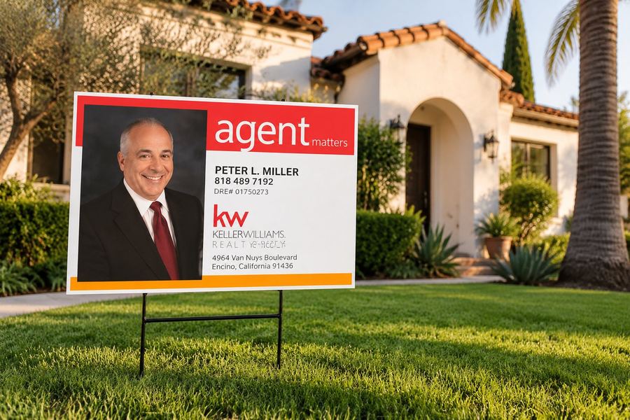 An agent's open house sign standing on a front lawn
