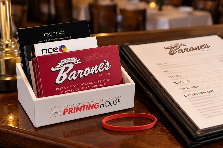 Business cards printed for Barone's, on the counter at the shop