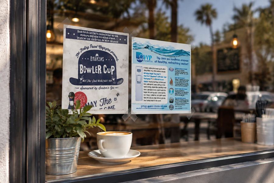 The Bowler Cup event flyer taped in a shop window