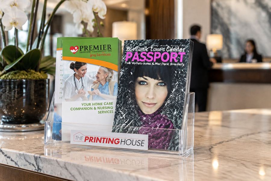 The Burbank Town Center Passport booklet in a brochure rack